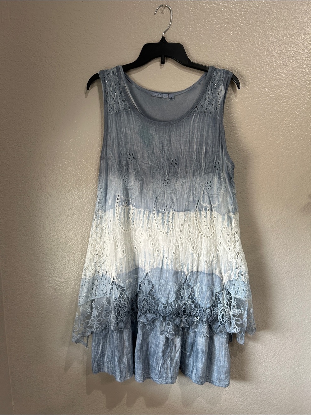 VASNA Blue White Lace Dip-Dye Sleeveless Tunic Sz M Lightweight Vacay TC0023